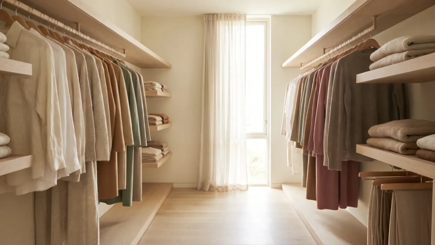 A bright walk-in closet with neutral clothes hung in tonal order, morning light through a sheer curtain