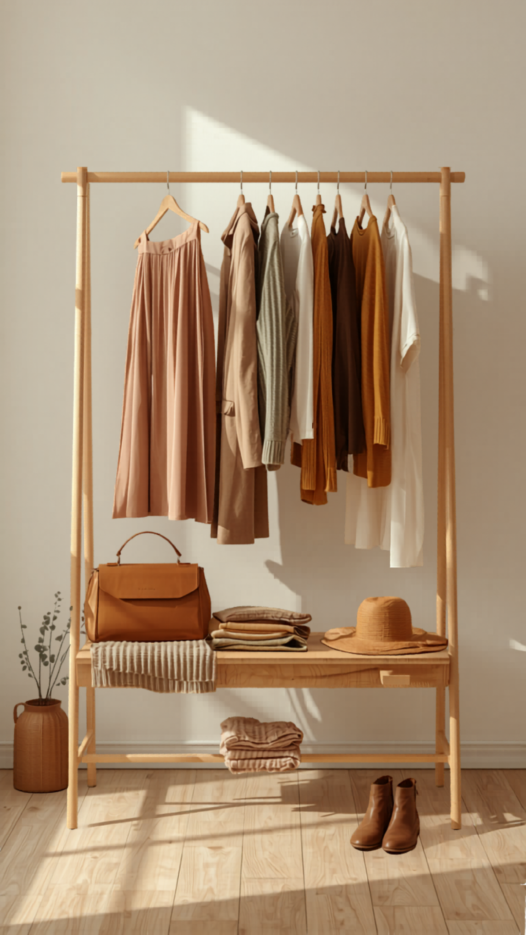 A beautifully curated wardrobe on a wooden rack